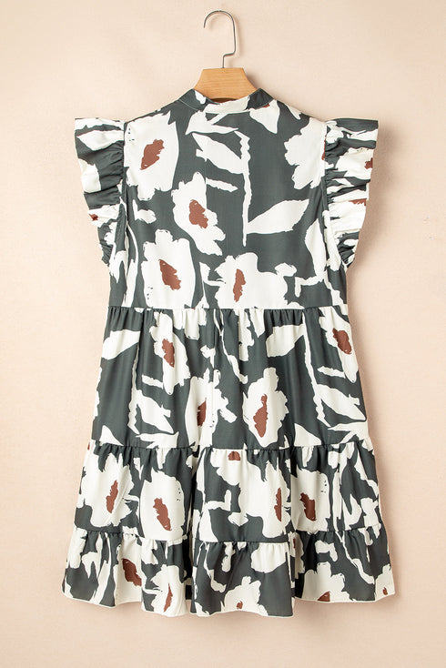 Bohemian Floral Print Flutter Sleeve Button Detail Ruffled Hem Mini Dress